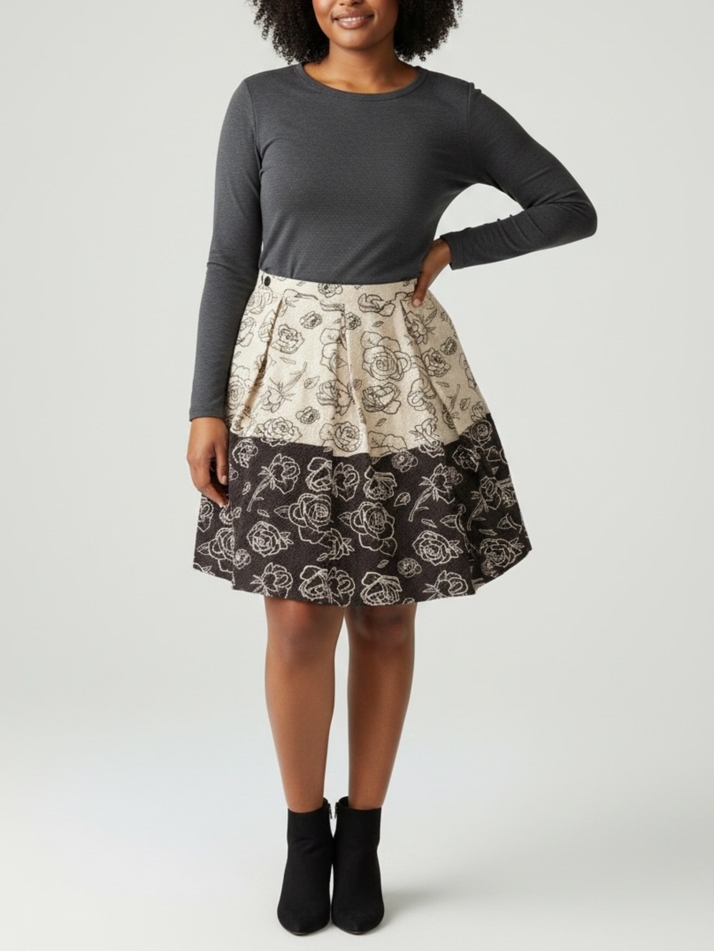 NEW• Madison Floral Two-Tone A-Line Skirt With Pockets In Gray & Charcoal•3X